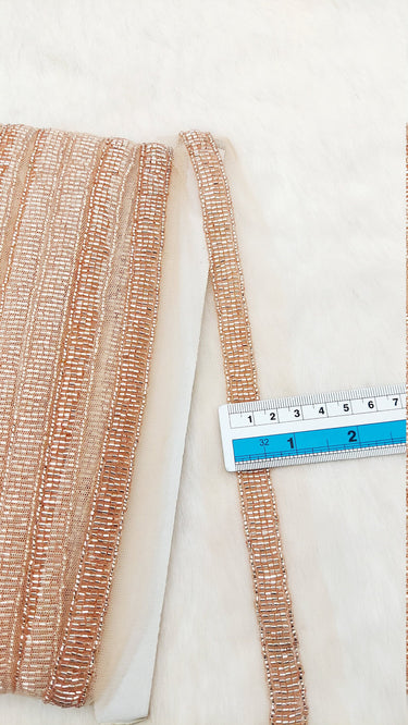 Beige Net Bridal Trim Rose Gold Beaded Embroidery, Hand Embroidered Bead Lace, Trim By 9 Yards
